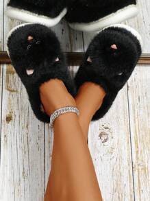 Women's Cute Cartoon Slippers, Anti-Slip Indoor Floor House Slippers, Warm Plush Couples Slippers For Autumn/Winter - Black - View 4