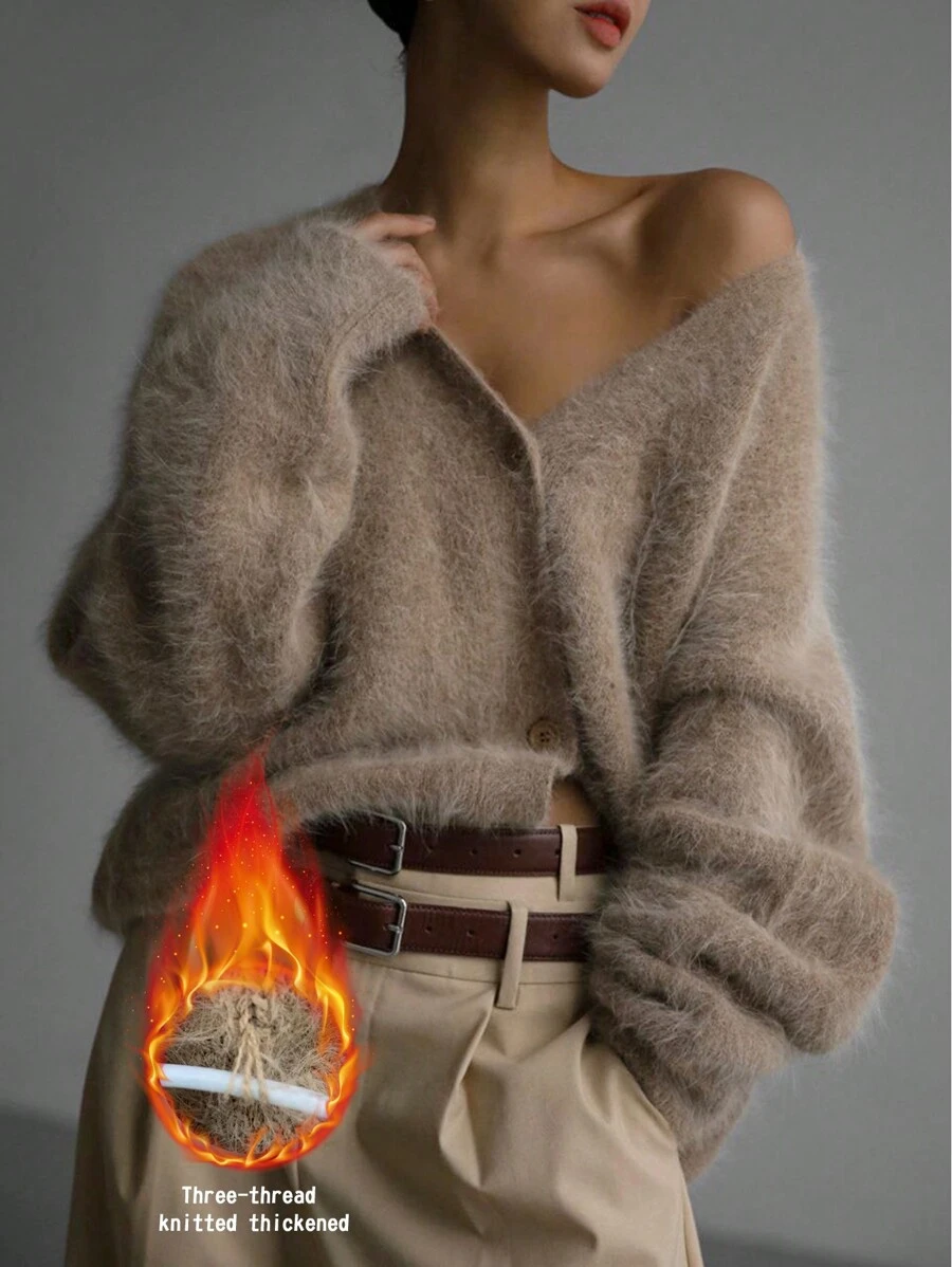 Women's Fuzzy Cardigan Soft Loose Long Sleeve Button Down V Neck Oversized Slouchy Furry Sweater Coat Chic Tops