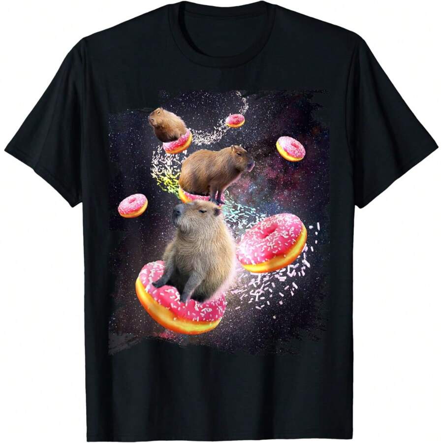 Space Capybara Riding Donut, Galaxy Capybaras T-Shirt - 黑色 - 查看 1