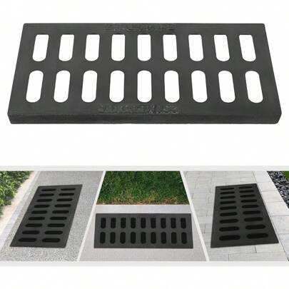 HOHOBLA Cast Iron Drain Grate, 20 X 10In Outdoor Drain Cover, Metal Dense Hollow Channel Grate, Black Rectangle Drainage Grate For Parking Lots, Sewers Sidewalks