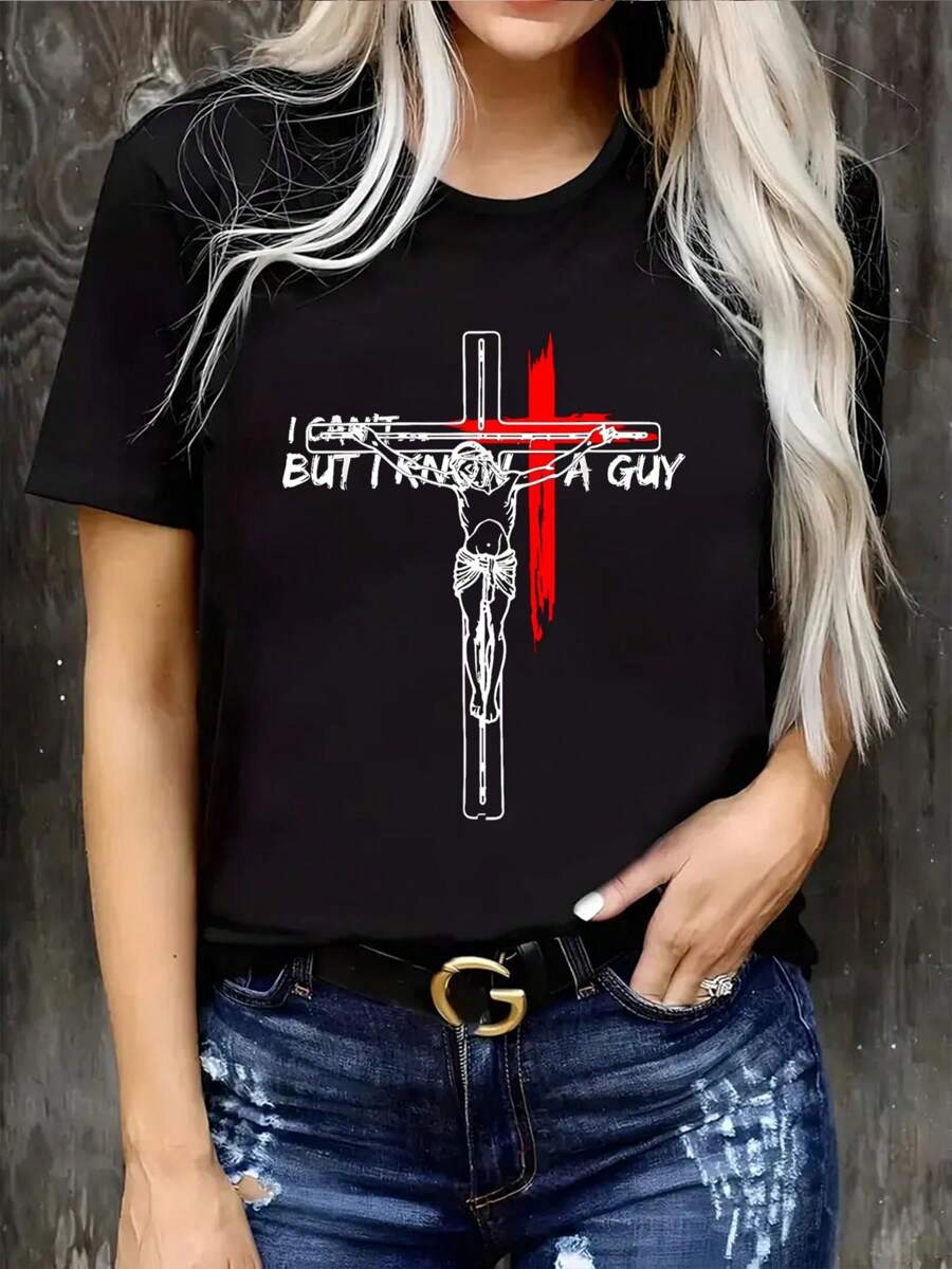 Jesus On The Cross Line Drawings Christian Art T-Shirt Print Crew Neck T-Shirt, Women Graphic T Shirts, Casual Short Sleeve T-Shirt For Spring & Summer, Women's Clothing - Black - View 1