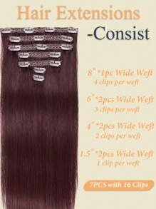 #99J Deep Wine Red 7pcs/Pack 70g Clip-In Hair Extensions, Remy Human Hair Clip-In Extensions, Lace Weft Clip-In Human Hair Extensions, Suitable For Halloween Costumes - S99J - View 6
