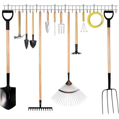 Garden Tool Rack 164CM Garage Tool Organizer Wall Mount Garden Tool Holder Yard Tool Hangers Heavy-Duty Hook Wall Storage Rack Holds Garden Tools Shovels Rakes Hoses Ropes
