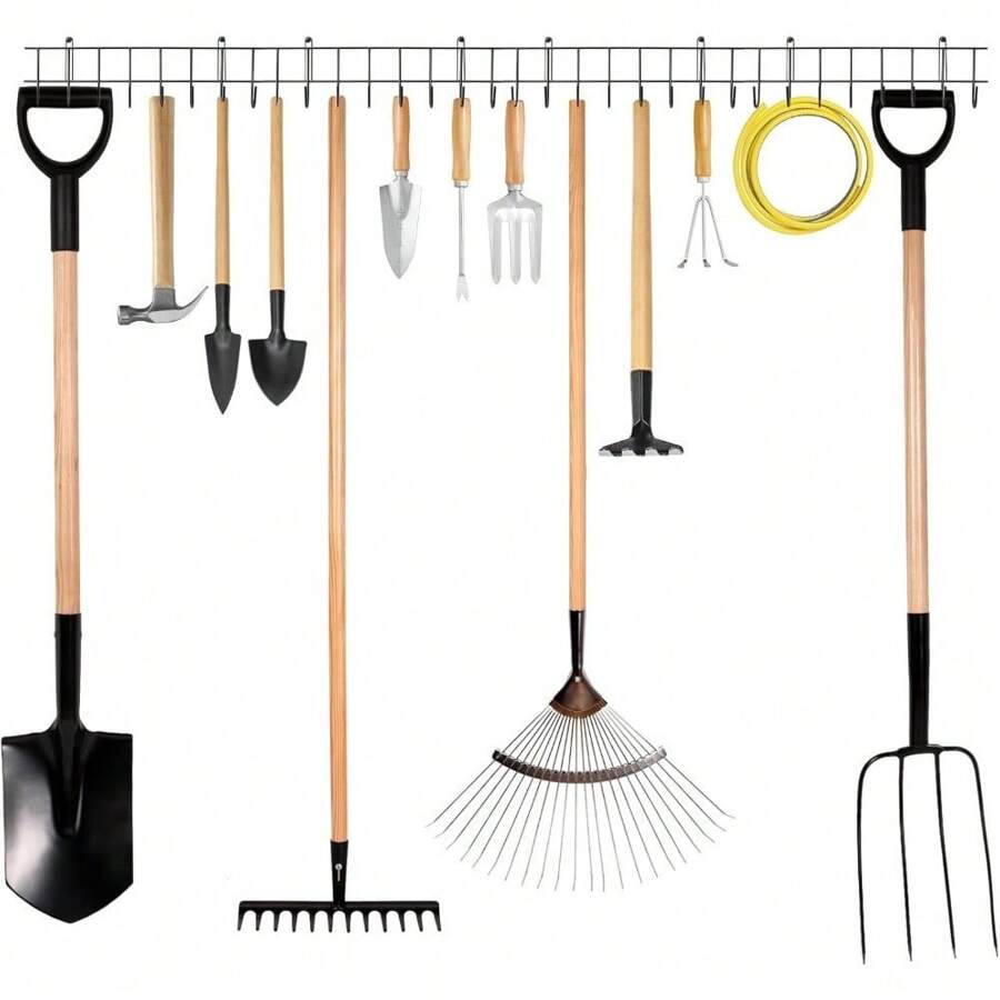Garden Tool Rack 164CM Garage Tool Organizer Wall Mount Garden Tool Holder Yard Tool Hangers Heavy-Duty Hook Wall Storage Rack Holds Garden Tools Shovels Rakes Hoses Ropes - Black - View 1