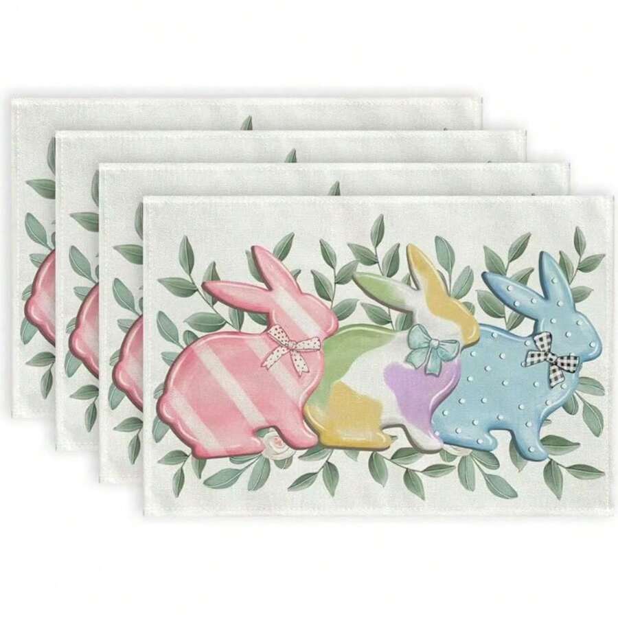 1pc/4pcs Easter Bunny & Leaf Linen Placemats, 12"X18" Seasonal Kitchen Table Decor Mats, Party Decorations, Home Decor - Multicolor - View 1