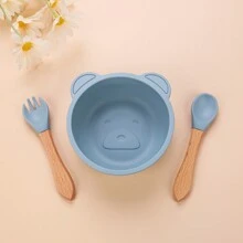 3 pezzi Set di ciotole per bambini in silicone con piatto con ventosa, cucchiaio e forchetta in legno, sicuro per microonde e lavastoviglie