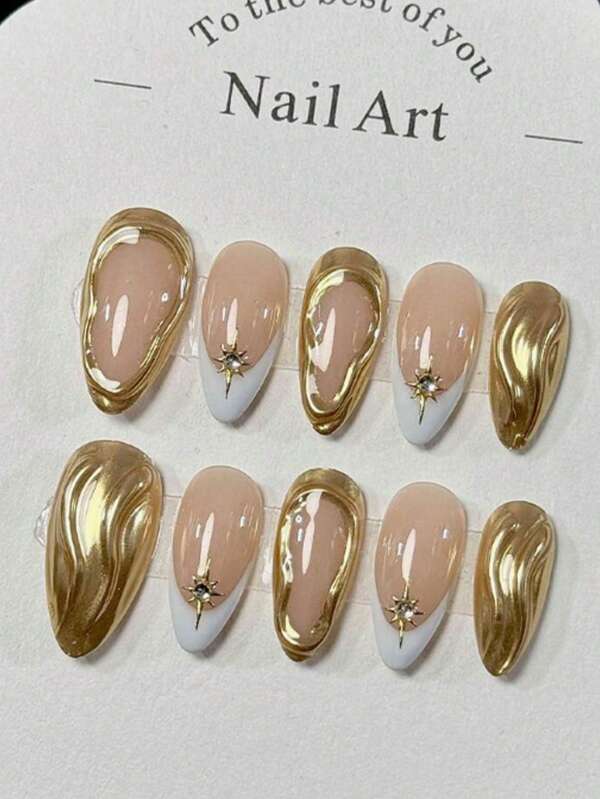 10 piezas de arte de uñas premium hecho a mano, puntas francesas metálicas doradas 3D, minimalistas nude y blancas con rhinestones, uñas postizas reutilizables de larga duración, polvo de espejo brillante, adecuado para mujeres y niñas para uso diario y fiestas