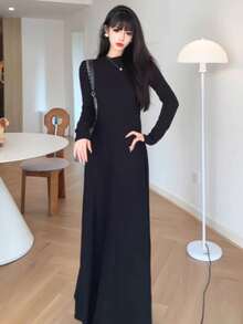 Vestido largo De Color Liso Elegante Para Mujer de casual para el uso diario - Negro - Ver 4