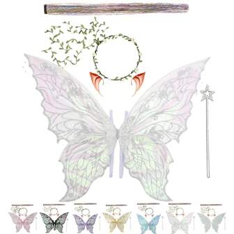 Feenflügel für Erwachsene und Mädchen, Feenkostüm-Set mit Girlande, Feenhaar-Tinsel, Organza-Schmetterlingsflügel mit Zauberstab und Ohren, perfekt für Los Tres Reyes Magos, Mardi Gras, Karneval, Ostern Cosplay Party Halloween