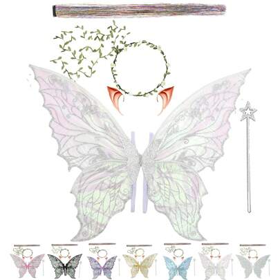 Ailes de fée pour adultes et filles, ensemble de costume de fée avec guirlande, paillettes pour cheveux de fée, baguette et oreilles, ailes de papillon en organza, parfait pour Los Tres Reyes Magos, Mardi Gras, Carnaval, fête de Pâques, cosplay, Halloween
