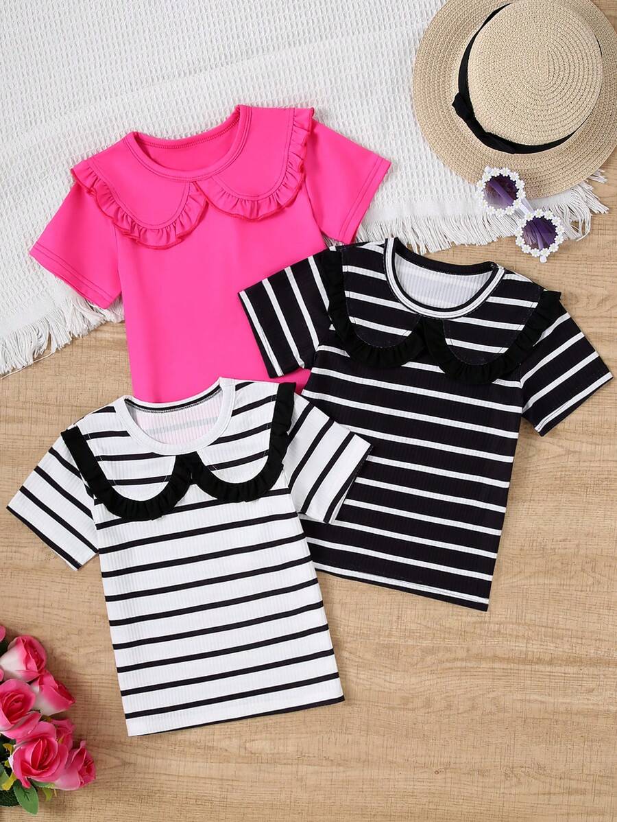 3 件套女孩彼得潘领条纹短袖 T 恤套装，休闲夏季户外/慢跑装 - 彩色 - 查看 1