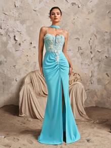 New Deep V-Neck Sexy Spaghetti Strap Lace Patchwork Mermaid Ruffle Split Maxi Bridesmaid Dress - Blue - View 6