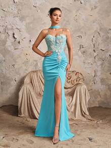 New Deep V-Neck Sexy Spaghetti Strap Lace Patchwork Mermaid Ruffle Split Maxi Bridesmaid Dress - Blue - View 7
