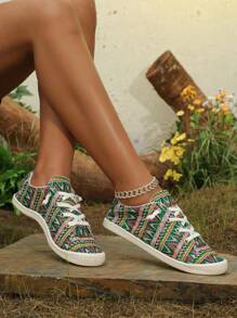 Women's Classic Canvas Slip-On Lace-Up Casual Sneakers, Fashion Sports Shoes - Multicolor - View 2