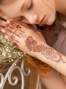 Tiebeauty 2 Sheet Flower Henna Tattoo Sticker Brown Waterproof Hand Tattoo Sticker For Women Party Decals Mehndi Designs