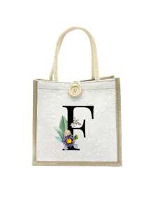 Daisy Flowers Initials Pattern Handbag,Letters A-Z Printed Linen Handbag,Small Floral Linen Button Decorative Handbag - White - View 10