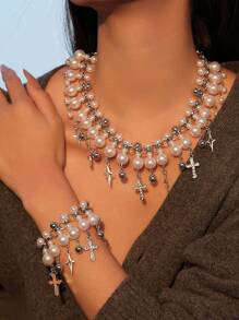 1/2 件套时尚优雅多层（人造）珍珠不对称项链和手链配饰套装，适合日常/派对佩戴 - 彩色 - 查看 7