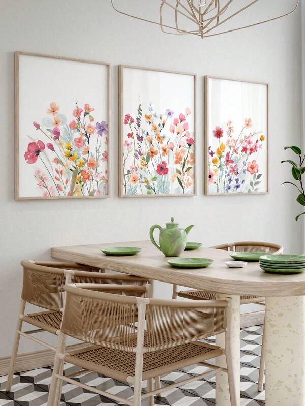 Conjunto de 3 piezas de arte de impresión en lienzo floral acuarela caprichosa, marco/sin marco, póster botánico en tonos pastel, pintura de flores silvestres coloridas, cuadro de pared dopamina para decoración de sala de estar y dormitorio de niña