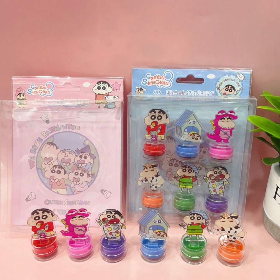 CRAYON SHINCHAN 6 piezas Kawaii Crayon Shin-Chan Sello portátil lindo con dibujos animados para niños, premio para estudiantes de jardín de infantes (estilo aleatorio) - Multicolor - Ver 1
