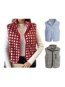 Womens Fuzzy Checkered Vest Sleeveless Stand Collar Zip Up Vest Jacket Winter Warm Outwear - Đỏ - Xem 3