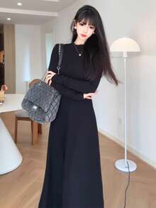 Vestido largo De Color Liso Elegante Para Mujer de casual para el uso diario - Negro - Ver 3