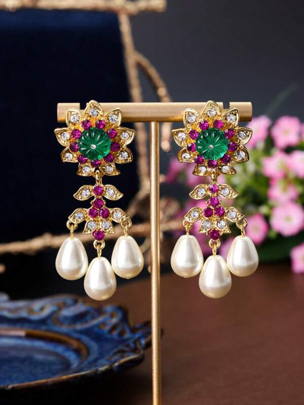 Retro Sunflower & Faux Pearl Tassel Earrings, Exaggerated Luxury Vintage Jewelry, Best Gift For Friends