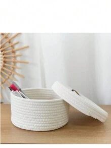 1pc Rope Storage Box Woven Desktop With Lid Jute Sundries Toy Cosmetic Storage Basket Round Multifunctional Sundries Basket Holiday Gift Blue