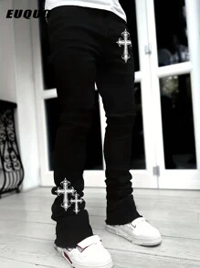 Men's Solid Slant Pocket Slim Fit Jeans Long Washed Flare Cross Print Jeans Solid Black Party Streetwear, Rapper, Emo Style