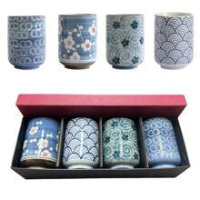 4 stuks 320 ml blauw en wit porseleinen theekopje met geschenkdoos, Japanse stijl handgetekende vriendelijke thee koffie melk wijn sushi mok creatieve familie restaurant decoratie reiscadeau voor vrienden