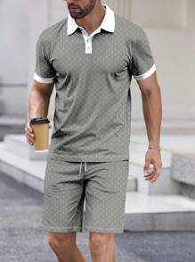 Herren Geometrisches Muster Poloshirt mit kurzen Ärmeln und Shorts Set