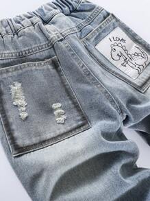 1pc Kids' Distressed Denim Jeans With Dinosaur Print Back Pockets, Elastic Waist Loose Fit Casual Trousers For Boys, Spring