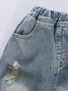 1pc Kids' Distressed Denim Jeans With Dinosaur Print Back Pockets, Elastic Waist Loose Fit Casual Trousers For Boys, Spring