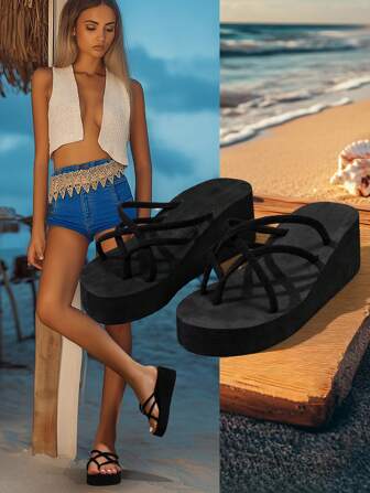 夏季新款黑色厚底沙滩凉鞋，休闲舒适泡沫厚底人字拖，轻便适合室内外穿着，女士