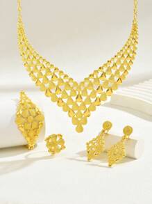 5pcs Luxury & Majestic Arabian Style Zinc Alloy Starry Sky Drop Design Jewelry Set Including 1 Necklace, 1 Pair Earrings, 1 Bracelet, 1 Ring - Golden Color, Exaggerated Style, Suitable As Jewelry Decoration For Women Attending Parties, Banquets, Festivals - Yellow Gold - View 1