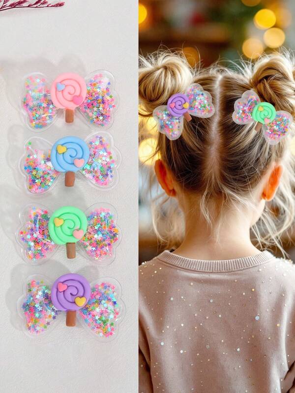 4 sztuki słodkie spinki do włosów z kokardką z cukierków dla dziewczynek, brokatowe cukierki i cekiny, spinki do włosów z krokodylkami, urocze akcesoria do włosów dla dziewczynek prezenty (lizak w kształcie serca, losowy kolor)