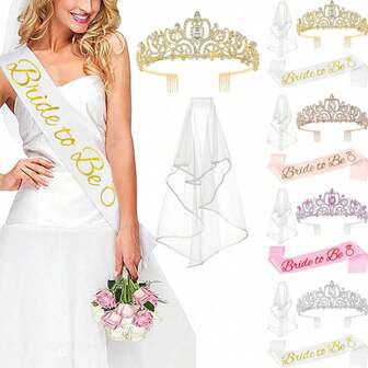3 Pcs Bachelorette Party Decorations Bridal Shower Crown, Bride To Be Sash&Veil For Women Bachelorette Party Gifts, Bachelorette Party Supplies, Gifts, Favors