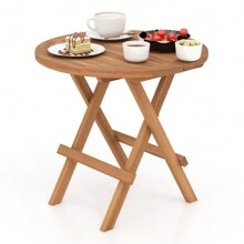 Lifezeal Patio Folding Side Table Indonesia Teak Wood Round Slatted Tabletop Portable Camping