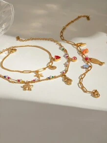 Uworld 1 pieza de brazalete de cadena de acero inoxidable de moda y personalizado para mujer con colgante de estrella de mar, concha, corazón y piedra natural. Adecuado para uso diario, vacaciones, playa o como regalo