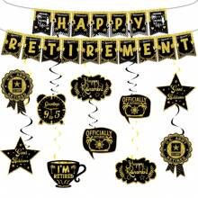 Decoraciones para fiesta de jubilación para hombres y mujeres: Pancarta de "Feliz jubilación" en negro y dorado, kit de adornos colgantes ondulados para decorar la fiesta de jubilación
