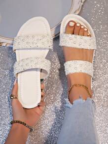 Summer Women Fashion Flat Sandals, New 2025 Model, Crystal Embellished Slip-On Flat Mules, Open Toe, Luxury Casual, Plus Size