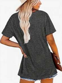 Printed T-Shirt, Short Sleeve V-Neck Casual Top, Summer And Spring, Women's Clothing - 深灰色 - 查看 2