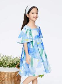Annil 女童花卉印花方领荷叶边袖宽松可爱罩衫连衣裙 - 藍色 - 查看 3