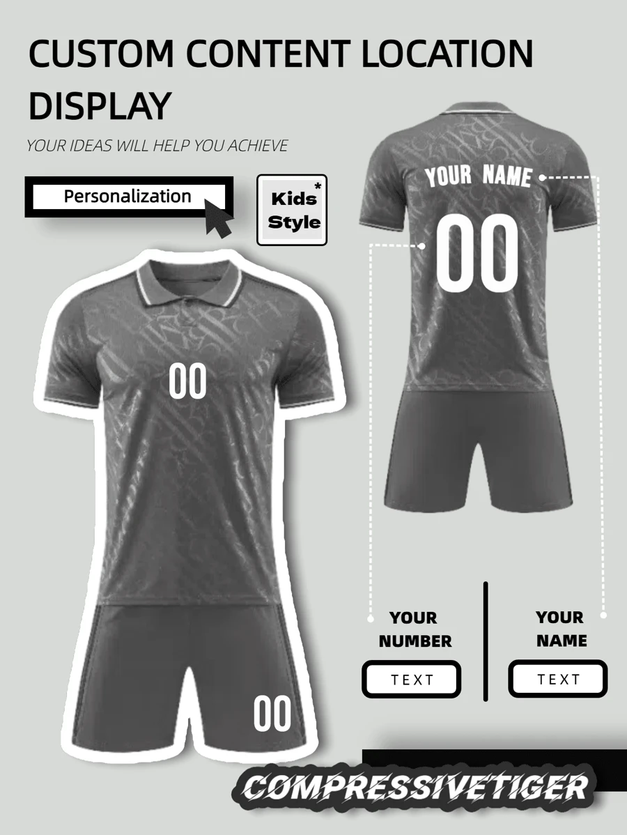 2pcs Boy's Personalized Soccer Jersey - Customizable Name And Number Print Stripe Decor Short Sleeve T-Shirt + Shorts Co-Ord Quick-Drying Sweat-Absorbing Sports Set As Gift - Grey - View 1