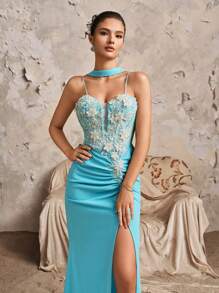New Deep V-Neck Sexy Spaghetti Strap Lace Patchwork Mermaid Ruffle Split Maxi Bridesmaid Dress - Blue - View 4