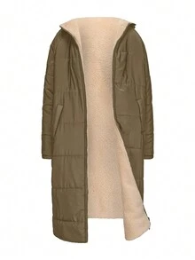 Women's Reversible Hooded Mid-Length Pockets Zipper Thick Jacket M0023 - Army Green - View 5