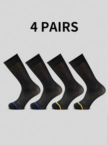 4 Pairs Men's Thin Dress Socks, Textured Black Formal Mid Calf Breathable Gentleman Suit Socks, Autumn/Winter