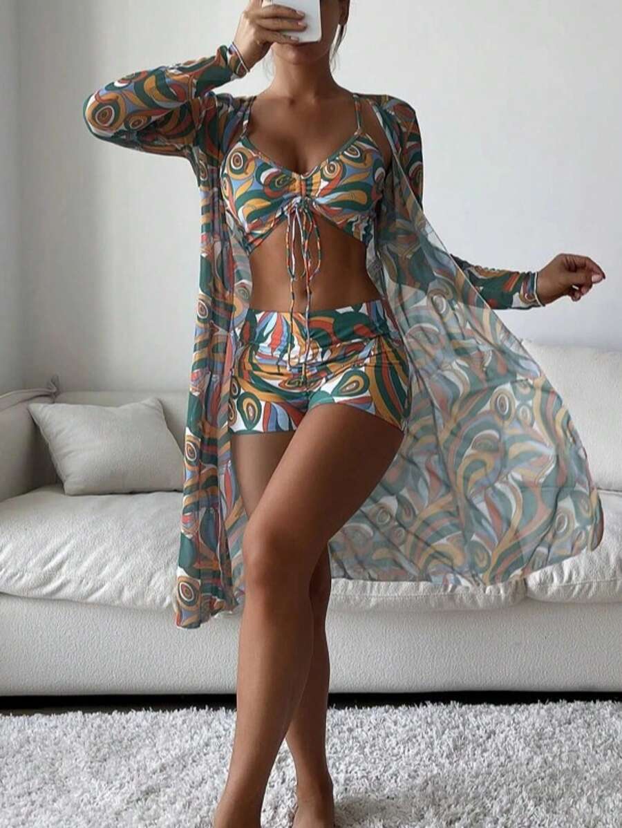 3-Pieces Geometric Print Bikini Sets, V Neck Boxer Short Bottom With Cover Shirt Long Sleeves Swimsuit, Women's Swimwear & Clothing Valentine's Day - 綠色 - 查看 1
