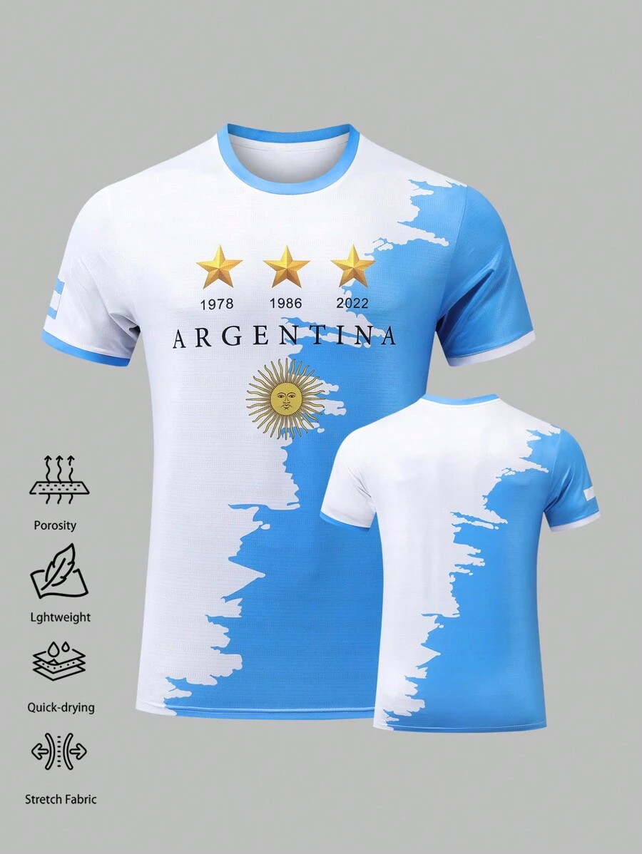 1 件男士经典阿根廷撞色足球球衣，吸湿排汗透气，适合休闲穿着、训练和酒吧派对，春夏季