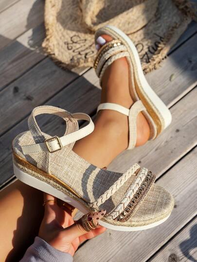 WRCVS 米色编织带厚底凉鞋，夏季楔形厚底拉菲草鞋底时尚假日凉鞋，随机编织方向，波西米亚风格增高鞋，水晶刺绣复古鞋