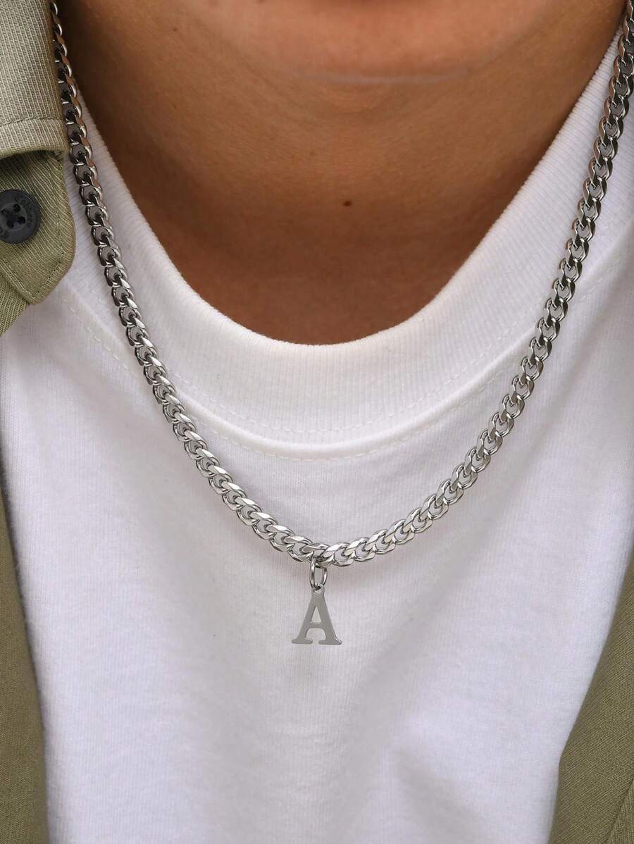 1 Pc Stainless Steel 26 Alphabet Pendant Necklace, Classic Width 35mm Curb Chain Necklace For Men, Suitable As Valentine's Day Gift, For Party And Daily Wear - Silver - View 1
